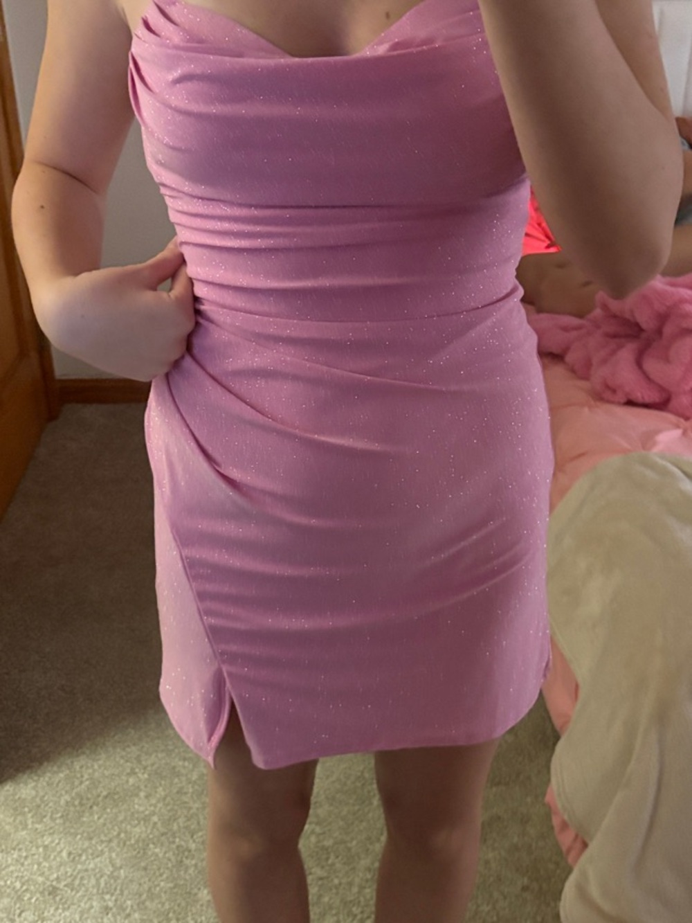 Glittery Pink Cowl Neck Mini Dress